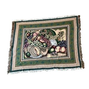 VTG Woven Fruit Basket Tapestry Throw Blanket Fringe Country French Made USA